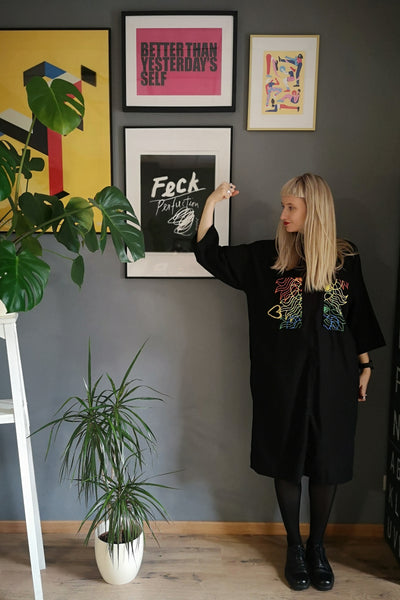 Cool, Comfortable, Versatile Simple Cut Oversized Shirt Dress "Bell Hooks" made in Black Linen Blend fabric with Rainbow  Lāčplēsene patterned Linen details. 