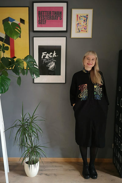 Cool, Comfortable, Versatile Simple Cut Oversized Shirt Dress "Bell Hooks" made in Black Linen Blend fabric with Rainbow  Lāčplēsene patterned Linen details. 