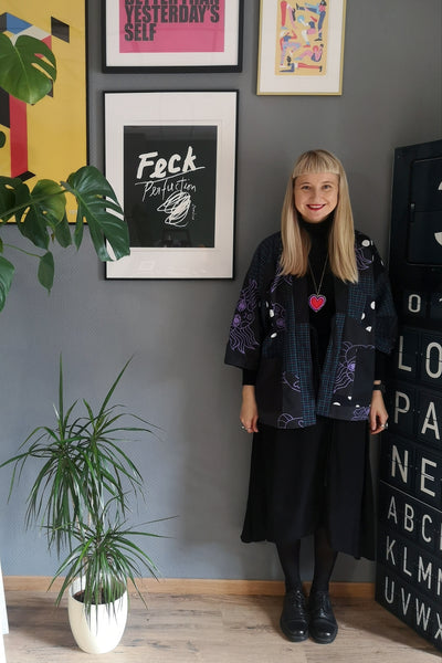 Zero Waste Patch Work Hanten Jacket in Cotton and Linen with Cotton Satin Lining in Purple and Dark Blue