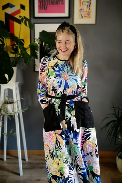 Vaira Vīķe - Freiberga dress - 70s Inspired All Season Colorful Lāčplēsene/ Heroine Dress - With Open Back Detail and Statement Pockets