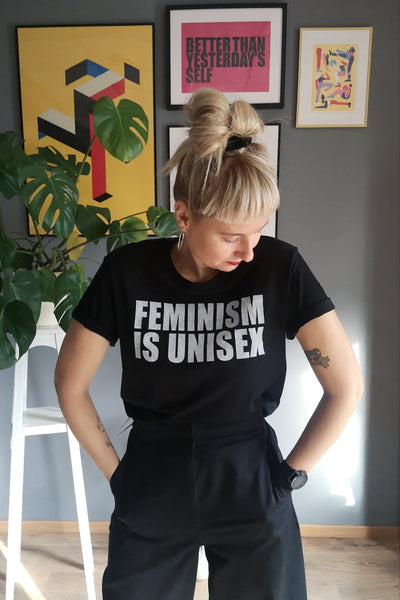 Feminism is Unisex - Black Organic Oversized Unisex Tshirt with White Print