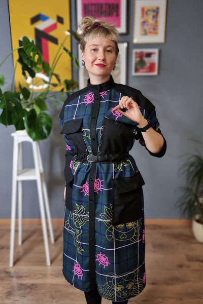 Hand Printed Dark Green Tartan Lāčplēsene/Heroine Shirt Dress, Coat dress