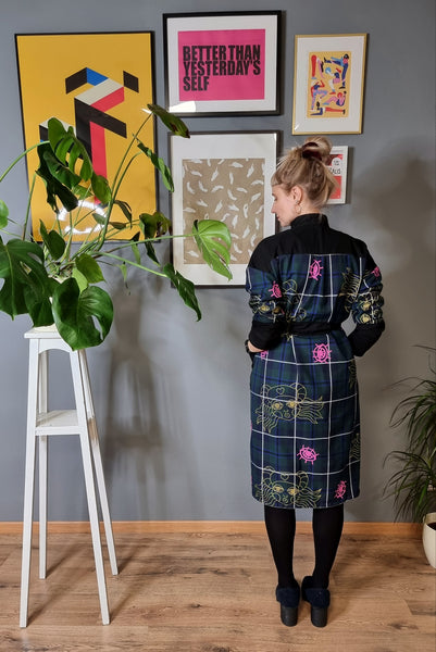 Hand Printed Dark Green Tartan Lāčplēsene/Heroine Shirt Dress, Coat dress