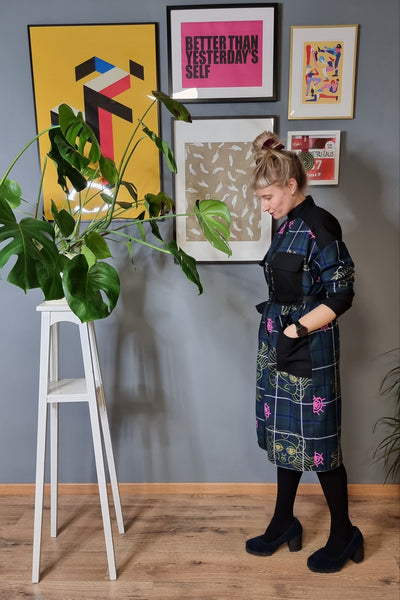 Hand Printed Dark Green Tartan Lāčplēsene/Heroine Shirt Dress, Coat dress