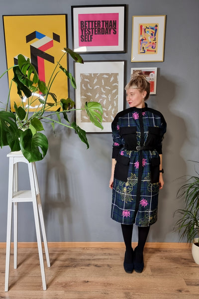 Hand Printed Dark Green Tartan Lāčplēsene/Heroine Shirt Dress, Coat dress