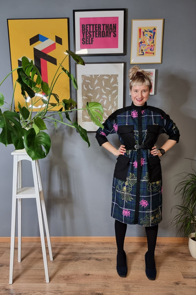 Hand Printed Dark Green Tartan Lāčplēsene/Heroine Shirt Dress, Coat dress