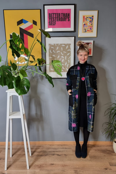 Hand Printed Dark Green Tartan Lāčplēsene/Heroine Shirt Dress, Coat dress