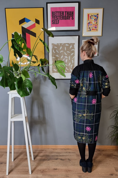 Hand Printed Dark Green Tartan Lāčplēsene/Heroine Shirt Dress, Coat dress