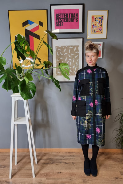 Hand Printed Dark Green Tartan Lāčplēsene/Heroine Shirt Dress, Coat dress
