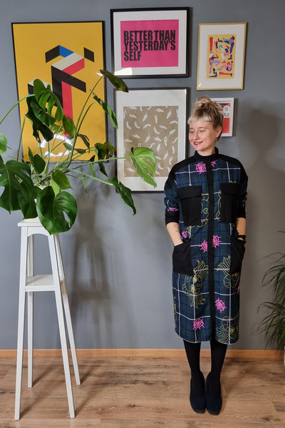 Hand Printed Dark Green Tartan Lāčplēsene/Heroine Shirt Dress, Coat dress