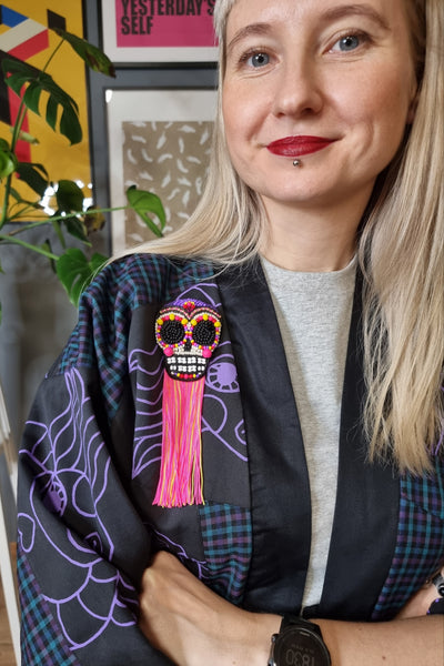Pink and Yellow Super Fun Small Sugarskull brooch with fringe