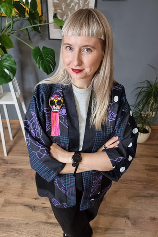 Pink and Yellow Super Fun Small Sugarskull brooch with fringe