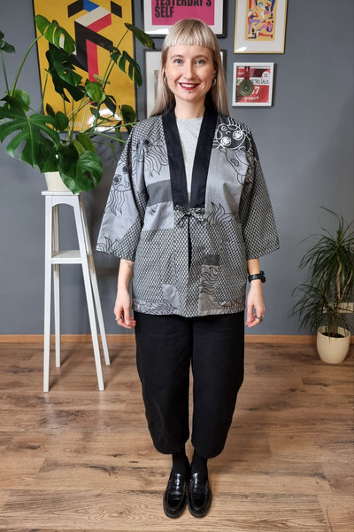 Zero Waste Patch Work Hanten Jacket in Cotton and Linen with Cotton Satin Lining in Grey an Black