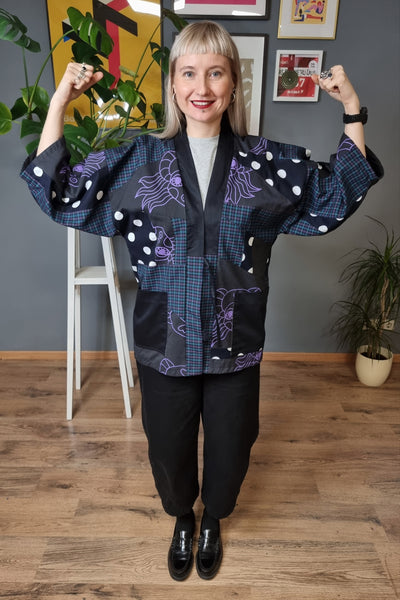 Zero Waste Patch Work Hanten Jacket in Cotton and Linen with Cotton Satin Lining in Purple and Dark Blue