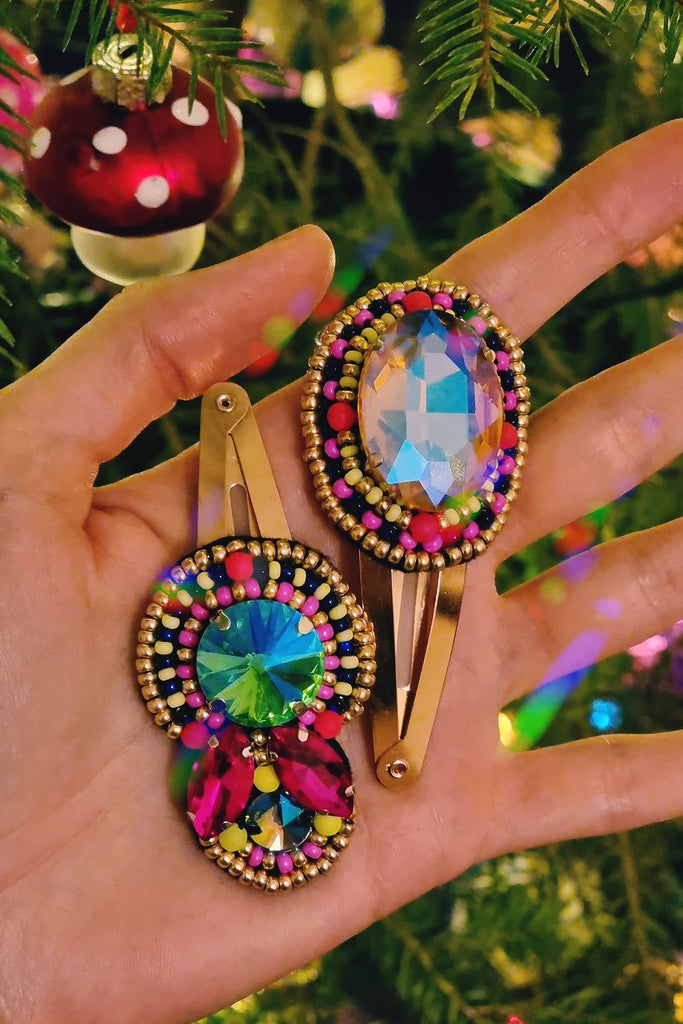 One of a Kind Set of Two Oversized Fun, Colorful and Sparkly One of A Kind Hair Pins