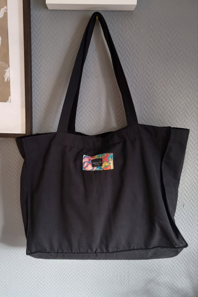 Black with Colorful Applique Oversized Sturdy Fabric Statement Shopper Bag with Inside Pocket and Stud Fastening