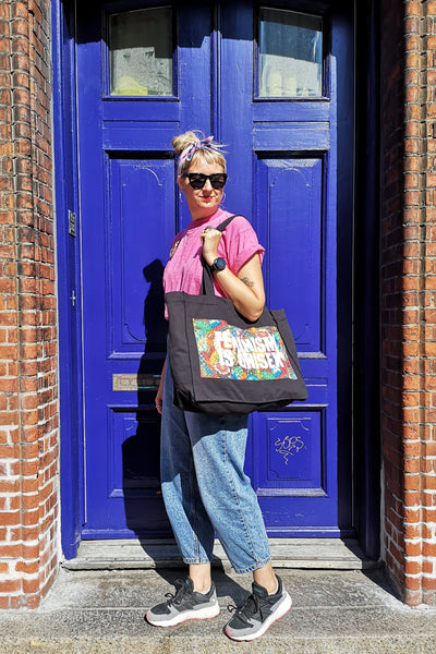Black and White Oversized Sturdy Fabric Statement Shopper Bag with Inside Pocket and Stud Fastening