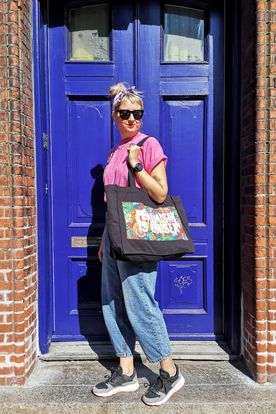 Black with Colorful Applique Oversized Sturdy Fabric Statement Shopper Bag with Inside Pocket and Stud Fastening