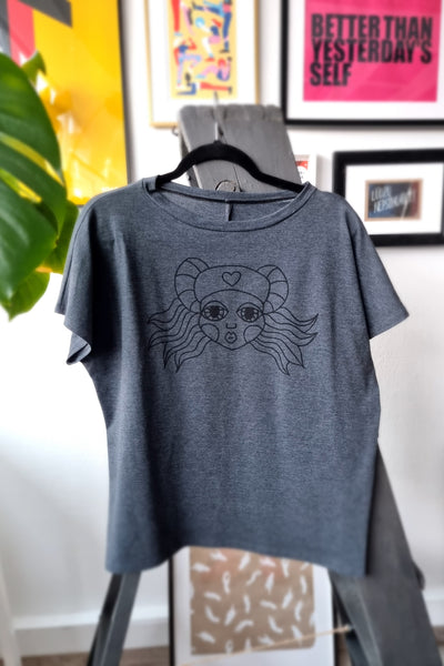 Zero Waste Heroine Lāčplēsene Handmade Grey Cotton Tshirt with Handmade Silkscreen Golden Print