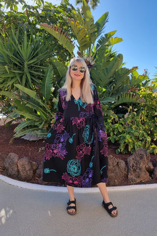 Handprinted Floral and Feminist Pattern Linen Blend Wrapdress
