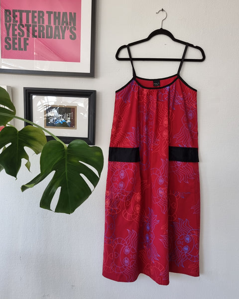 One of a Kind Bright Red Spagetti strap linen blend dress with special handprinted original design fabric pattern and large pockets