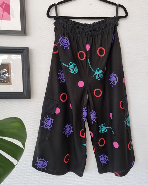Scandinavian Design Inspired Handprinted Pattern Black Linen Blend Wide Statement Japanese Style Minimalist Culottes in 4/5 Lenght and Cargo Pockets