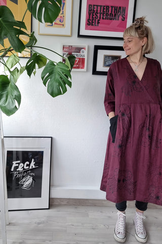 One of a Kind Lāčplēsene Linen Bordo Wrap Dress