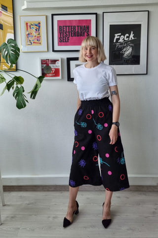 Scandinavian Design Inspired Handprinted Pattern Black Linen Blend Wide Statement Japanese Style Minimalist Culottes in 4/5 Lenght and Cargo Pockets