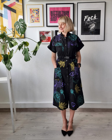 ONE OF A KIND Size M/L 70s inspired Floral Lāčplēsene Print Linen Blend Shirt Dress with Utility Pockets