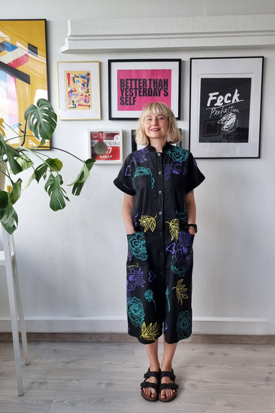 ONE OF A KIND Size M/L 70s inspired Floral Lāčplēsene Print Linen Blend Shirt Dress with Utility Pockets