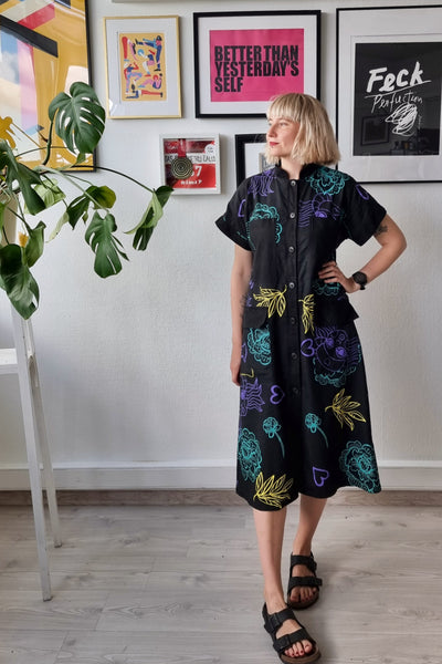 Made to Order 70s inspired Floral Lāčplēsene Print Linen Blend Shirt Dress with Utility Pockets