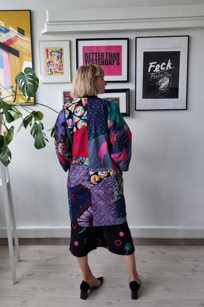 Zero Waste One of a Kind Patch Work Oversized Hanten Coat in Cotton and Linen with Cotton Satin Lining in Btight Colors