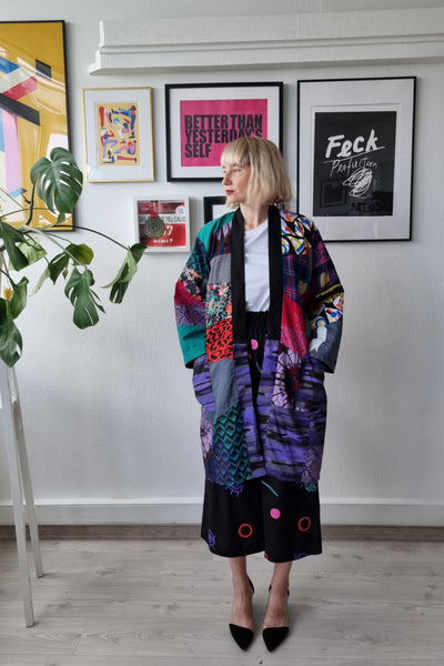 Zero Waste One of a Kind Patch Work Oversized Hanten Coat in Cotton and Linen with Cotton Satin Lining in Btight Colors