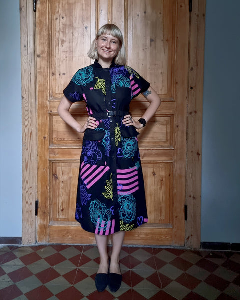 Made to Order 70s inspired Floral Lāčplēsene Print Linen Blend Shirt Dress with Utility Pockets