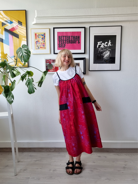 One of a Kind Bright Red Spagetti strap linen blend dress with special handprinted original design fabric pattern and large pockets