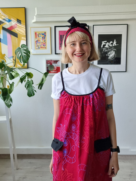 One of a Kind Bright Red Spagetti strap linen blend dress with special handprinted original design fabric pattern and large pockets