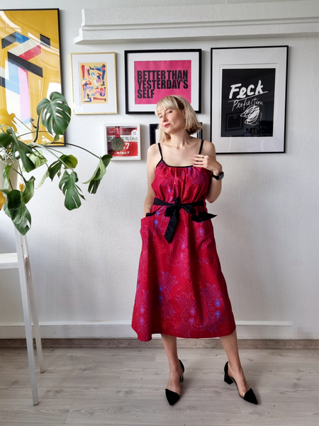 One of a Kind Bright Red Spagetti strap linen blend dress with special handprinted original design fabric pattern and large pockets