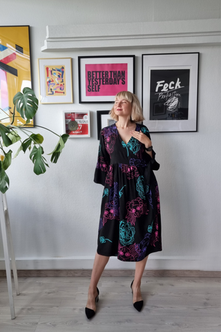 One of a Kind SAMPLE SALE Handprinted Original Design Black Linen Blend Wrap Dress