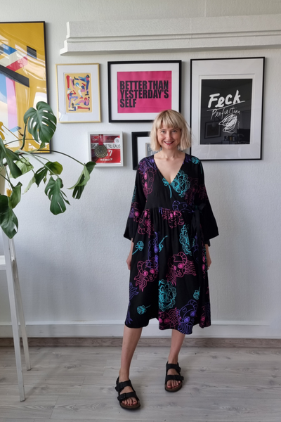 One of a Kind SAMPLE SALE Handprinted Original Design Black Linen Blend Wrap Dress