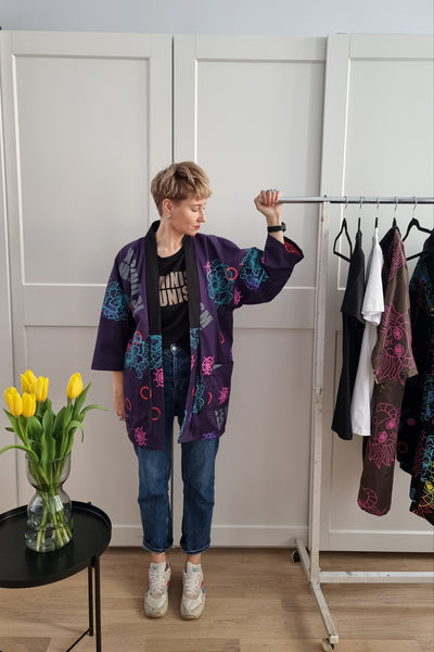One of a Kind Oversized Hanten Coat in Hand Printed Feminism is Unisex pattern and Flower Fabric
