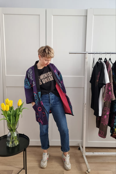 One of a Kind Oversized Hanten Coat in Hand Printed Feminism is Unisex pattern and Flower Fabric