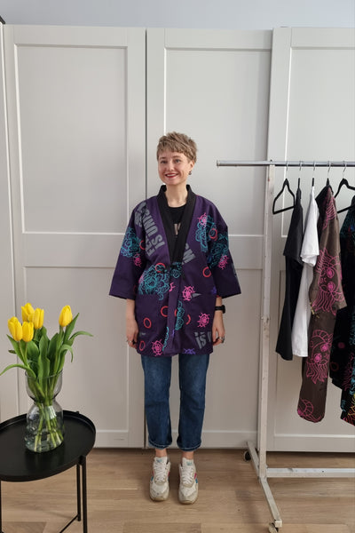 One of a Kind Oversized Hanten Coat in Hand Printed Feminism is Unisex pattern and Flower Fabric