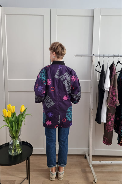 One of a Kind Oversized Hanten Coat in Hand Printed Feminism is Unisex pattern and Flower Fabric