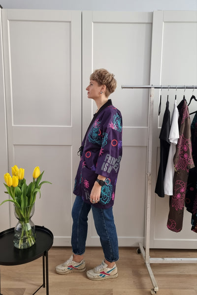One of a Kind Oversized Hanten Coat in Hand Printed Feminism is Unisex pattern and Flower Fabric