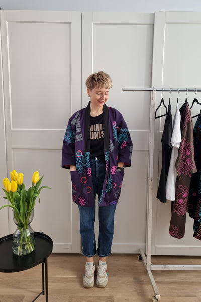One of a Kind Oversized Hanten Coat in Hand Printed Feminism is Unisex pattern and Flower Fabric