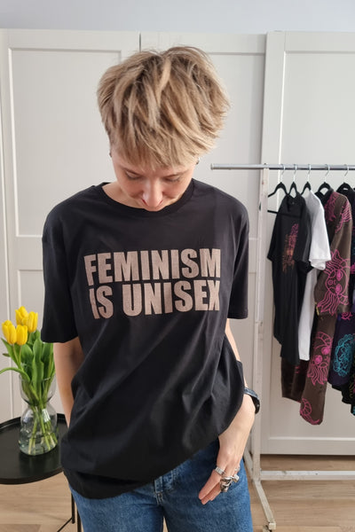 Feminism is Unisex - Black Organic Oversized Unisex Tshirt with Bronze Print