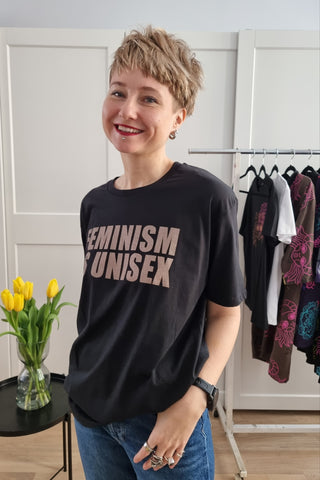 Feminism is Unisex - Black Organic Oversized Unisex Tshirt with Bronze Print