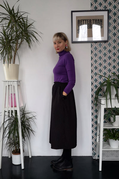 Black Semiwool Wide Culottes with Fine Red Line Patterned 1920s Victorian style Suit Fabric
