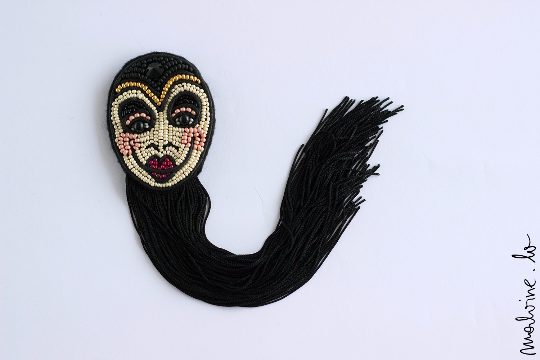 Rigoletto Inspired Black Mask Brooch with Long Black Fringe