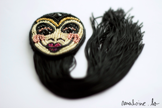 Rigoletto Inspired Black Mask Brooch with Long Black Fringe